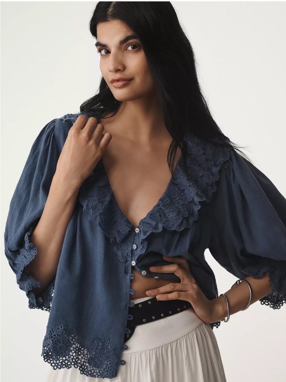 Anthropologie linen blend lace-collar blouse